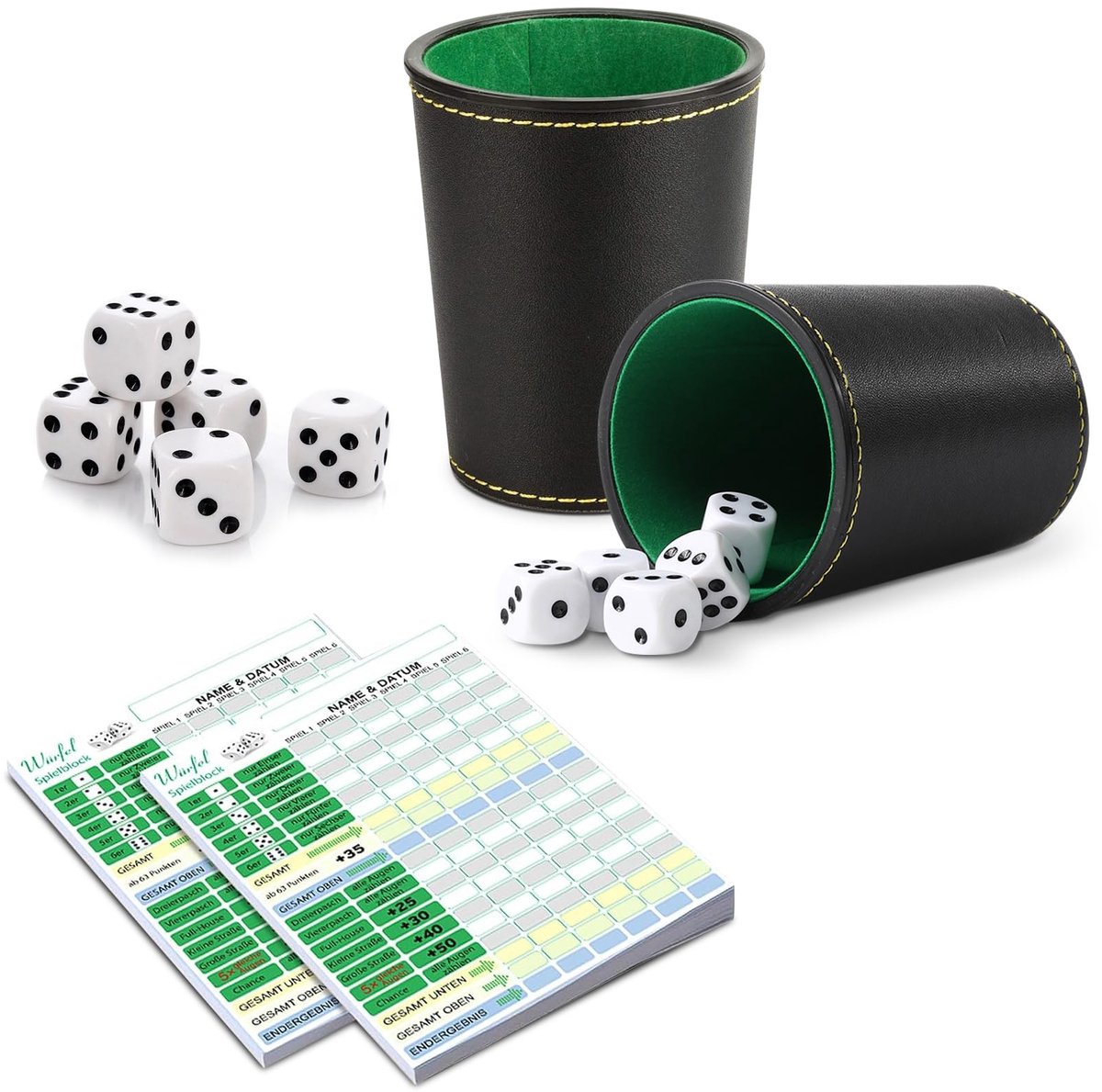 Leren bekers set met 10 dobbelstenen DIN A6 - ideaal voor Yahtzee en Liar's Dice - duurzaam materiaal - ShopVlot