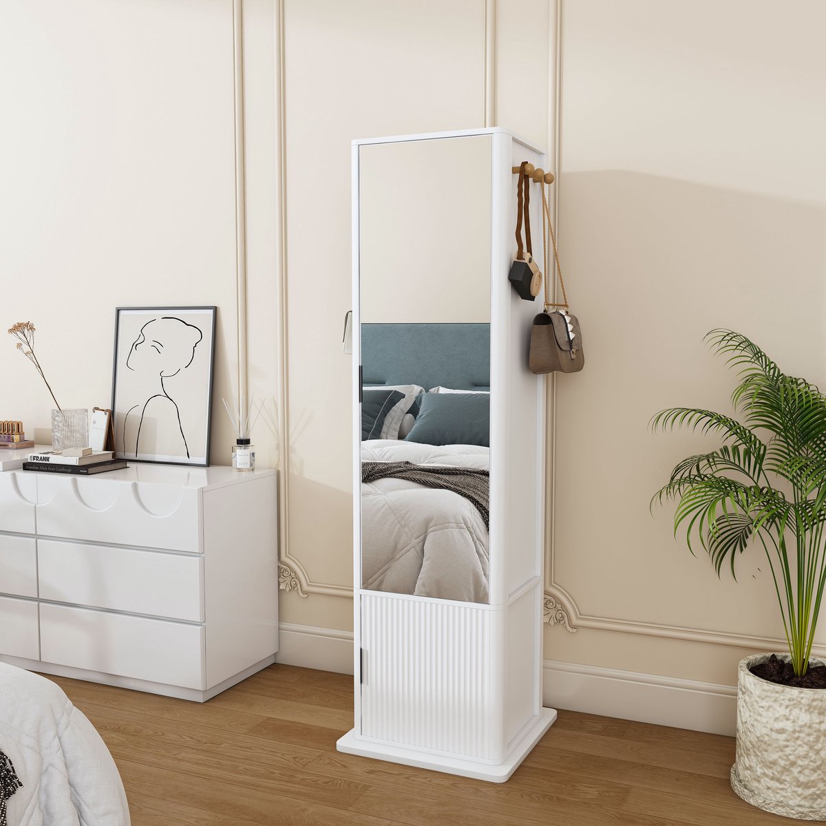 STILVORA Spiegelkast - 4 In 1 Draaibare Passpiegel Met Sieradenopslag En Haken - Voor Slaapkamer En Hoek - MDF En Glas - Wit - 50x50x170 Cm