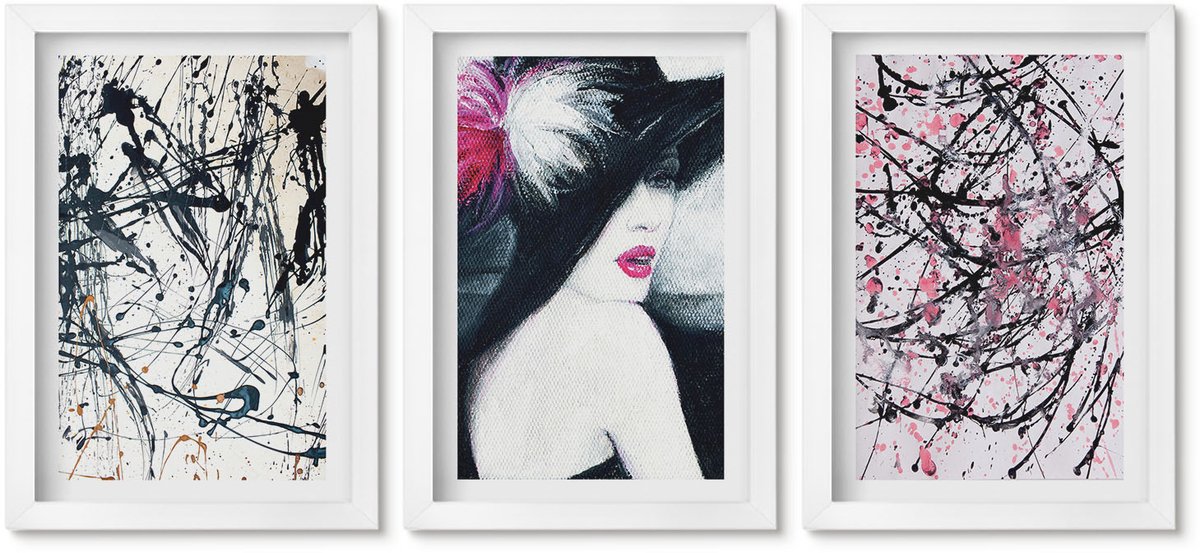 Wallfluent 3-Delige Schilderij Set - Abstracte Verfpatronen Vrouw Met Hoed - 20 x 30 - Wanddecoratie - Woonkamer Decoratie - Muurdecoratie