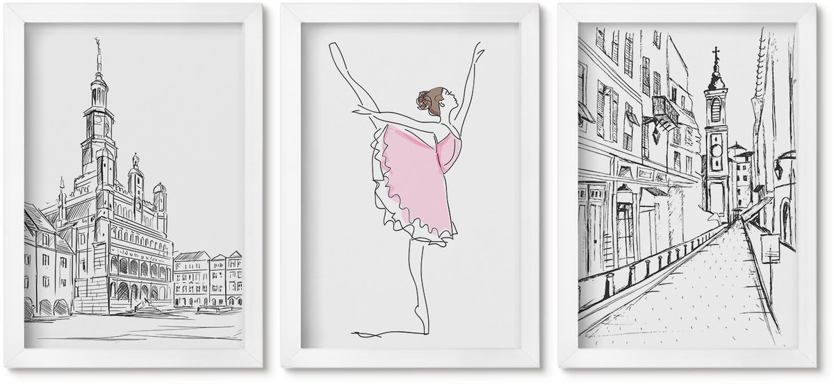 Wallfluent 3-Delige Schilderij Set - Stijlvolle Schilderijen Van Een Dansende Ballerina En Architectuur. - 20 x 30 - Decoratieve Schilderijen - Wanddecoratie - Hal
