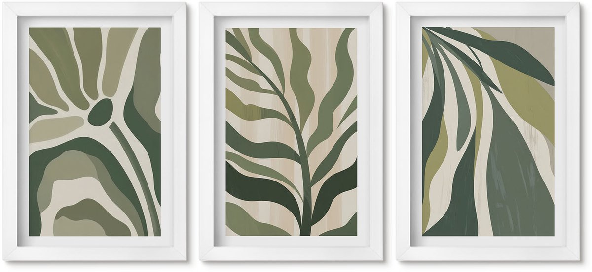 Wallfluent 3-Delige Schilderij Set - Geschilderde Illustraties Van Bladeren In Verschillende Tinten Groen. - 20 x 30 - Decoratieve Schilderijen - Wanddecoratie - Hal