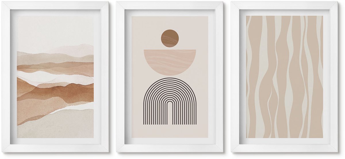 Wallfluent 3-Delige Schilderij Set - Abstracte Landschapsvormen Uit De Natuur En Geometrie - 20 x 30 - Muurdecoratie - Wanddecoratie - Hal - Decoratieve Schilderijen