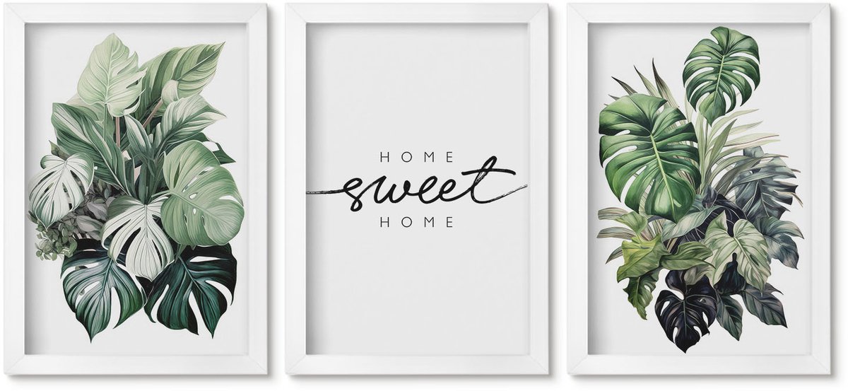 Wallfluent 3-Delige Schilderij Set - Planten In Het Groen Met De Woorden Sweet Home - 20 x 30 - Wanddecoratie - Schilderijen Set - Kantoor - Muurdecoratie