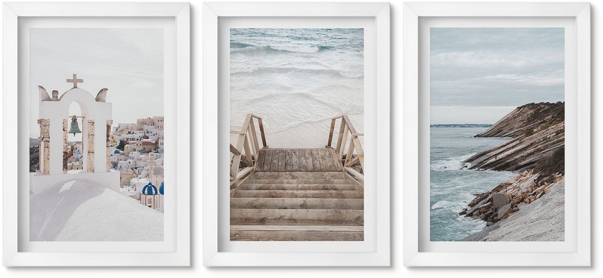 Wallfluent 3-Delige Schilderij Set - Uitzicht Op De Zee En De Architectuur Van Santorini Tegen De Hemel. - 20 x 30 - Wanddecoratie - Moderne Interieurdecoratie - Stijlvolle Muurdecoratie