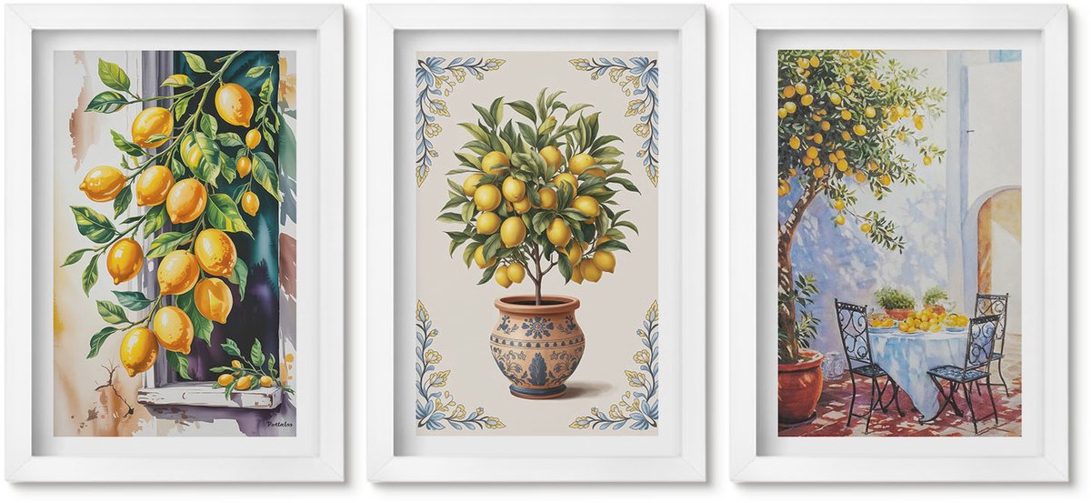 Wallfluent 3-Delige Schilderij Set - Citroenbomen En -Fruit In Een Zonnig Landschap - 20 x 30 - Moderne Wanddecoratie - Slaapkamer - Decoratieve Schilderijen