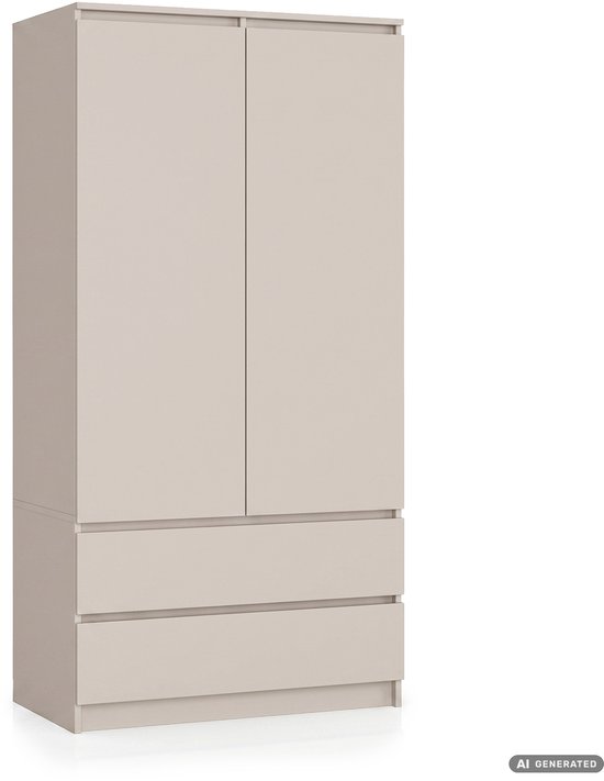 Kast met twee deuren en twee lades, kleur kasjmier. Op de grond.