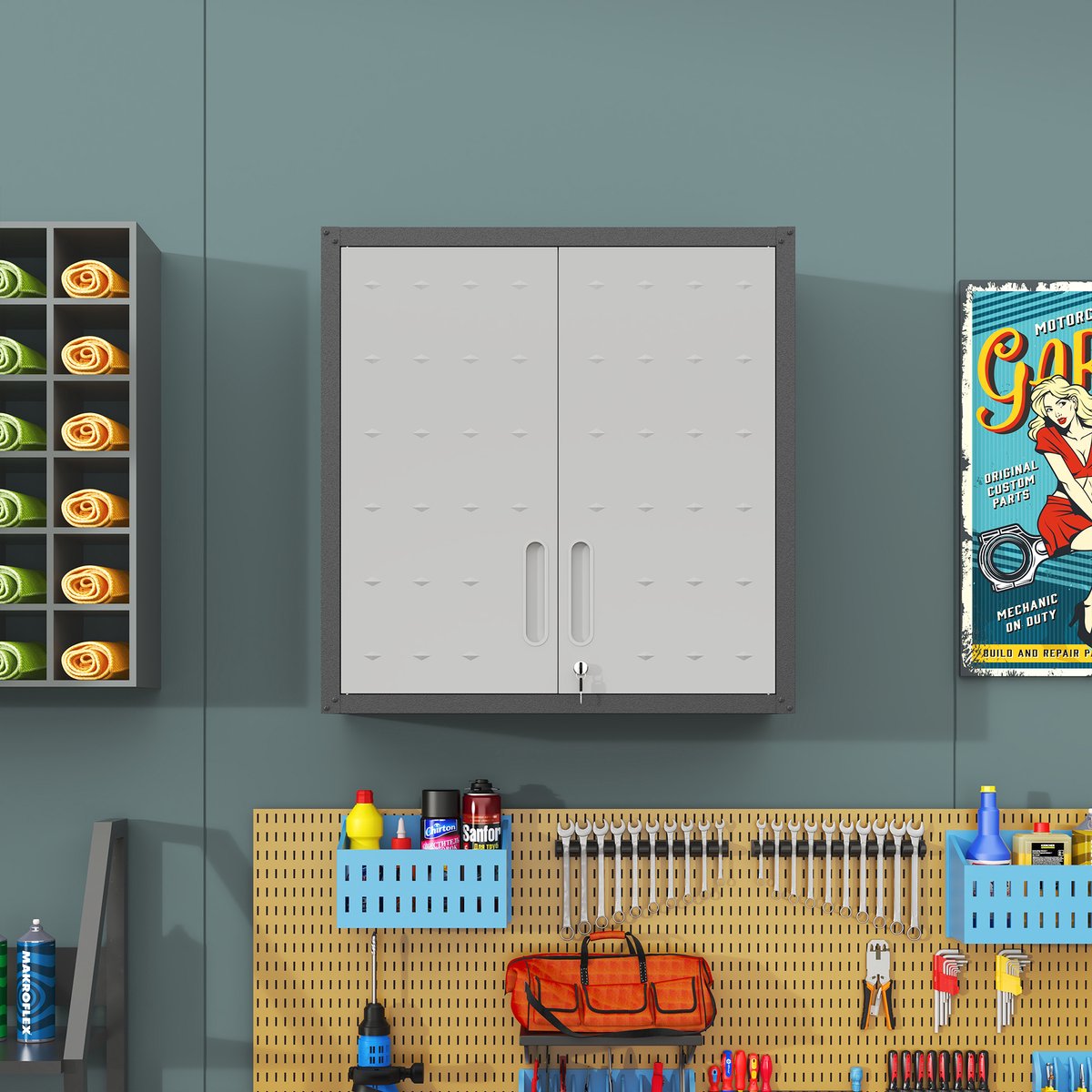 REDOM - Metalen wandkast - Afsluitbare deuren - Verstelbare plank - Wandmontage - Gereedschapskast - Garage, werkplaats of kantoor - Metaal - Zwart en Grijs - 77 x 75 x 30 cm