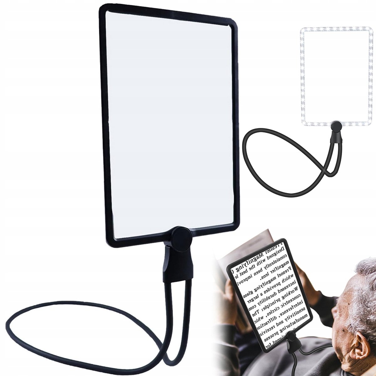Nekloep Flexibel - Loep met LED Verlichting - Leesloep voor Ouderen - Handsfree Vergrootglas - 48 LED Dimbaar - 25,7x18,7 cm Grote Lens - Hand & Nek & Standaard - Slechtzienden Hulp - Voor Lezen Naaien en Knutselen - Cadeau