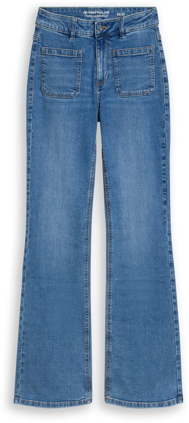 Een nette mid-blauwe bootcut-jeans met opgestikte zakken, hangend.