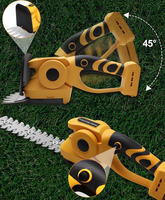 2-in-1 Draadloze Heggenschaar En Grasmaaier - 45° Verstelbare Kop Snelsluiting Dubbele Veiligheidsschakelaar Ergonomische Handgreep - Compatibel Met Dewalt 18V/20V Accu (Niet Inbegrepen) - Geel — afbeelding 4