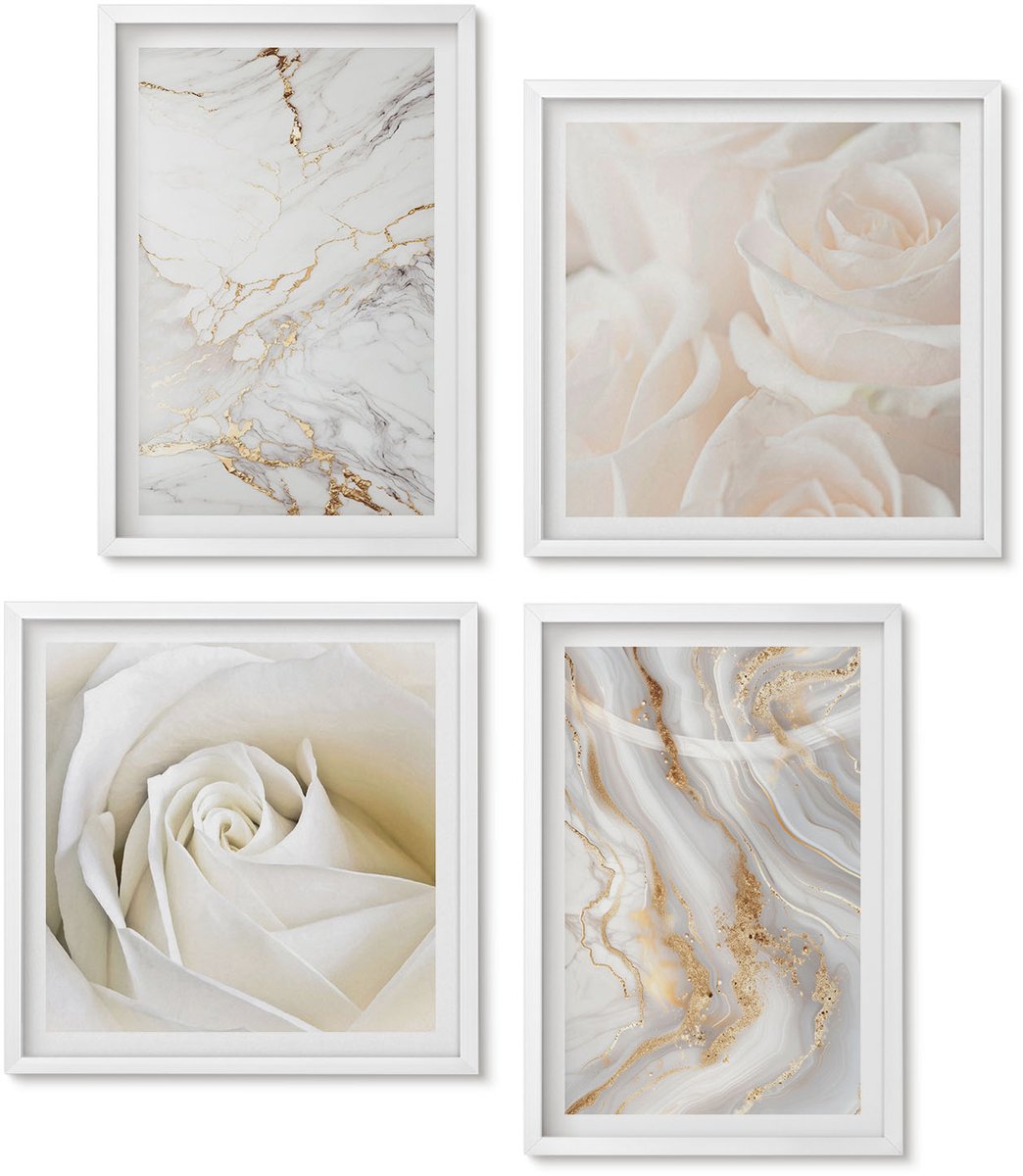 Wallfluent 4-Delige Schilderij Set - Elegante, Modieuze Abstracte Marmerpatronen - 40 x 40 En 40 x 60 - Wanddecoratie - Schilderijen Set - Kantoor