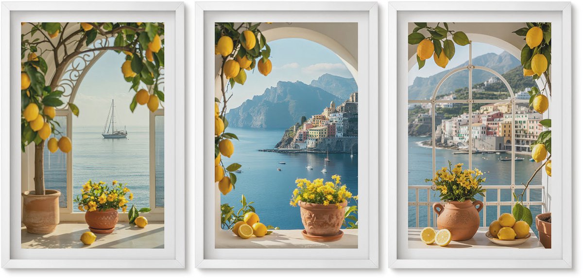 Wallfluent 3-Delige Schilderij Set - Citroenen En Bloemen In Potten In Een Kustplaats - 40 x 60 - Stijlvolle Wanddecoratie - Interieur - Stijlvolle Muurdecoratie