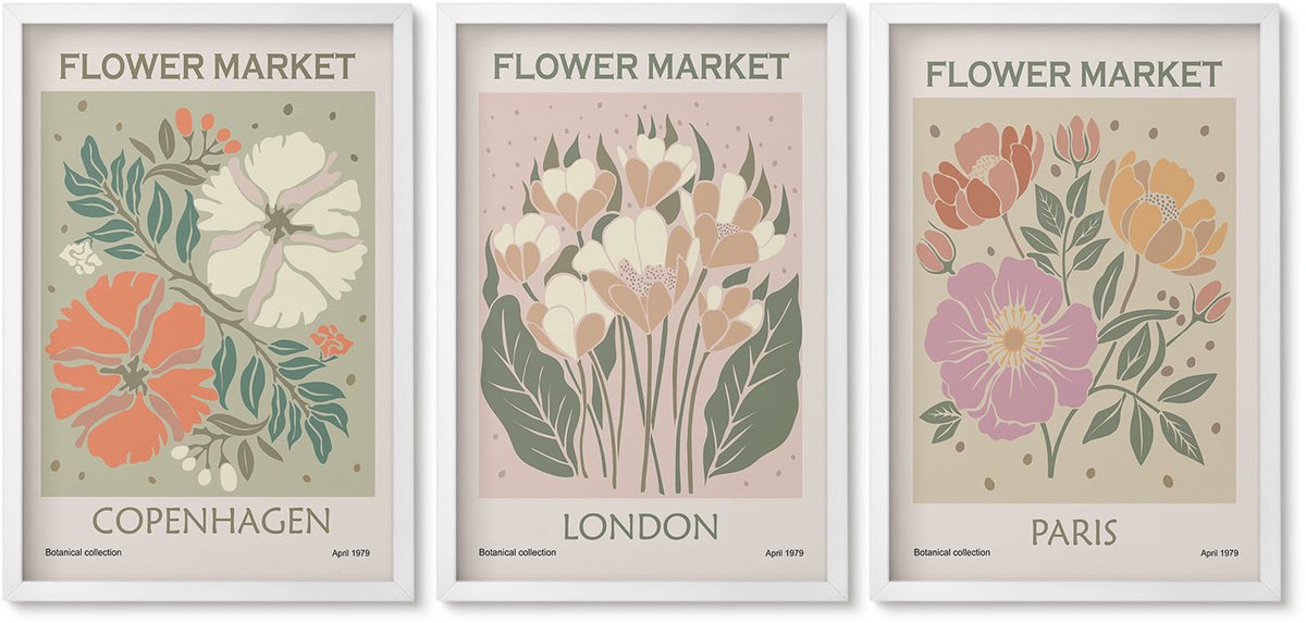 Wallfluent 3-Delige Schilderij Set - Bloemenposters Kopenhagen Londen Parijs - 40 x 60 - Wanddecoratie - Muurdecoratie - Moderne Interieurdecoratie - Interieur Decoratie
