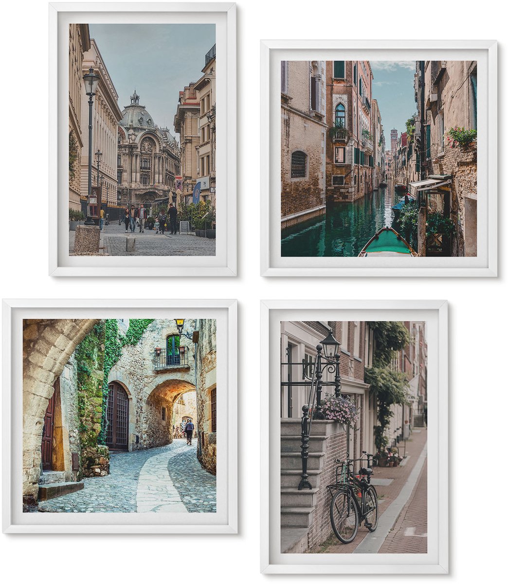Wallfluent 4-Delige Schilderij Set - Venetiaanse Straten Van Steden Met Architectuur En Water - 40 x 40 En 40 x 60 - Decoratieve Schilderijen - Woonkamer - Interieur