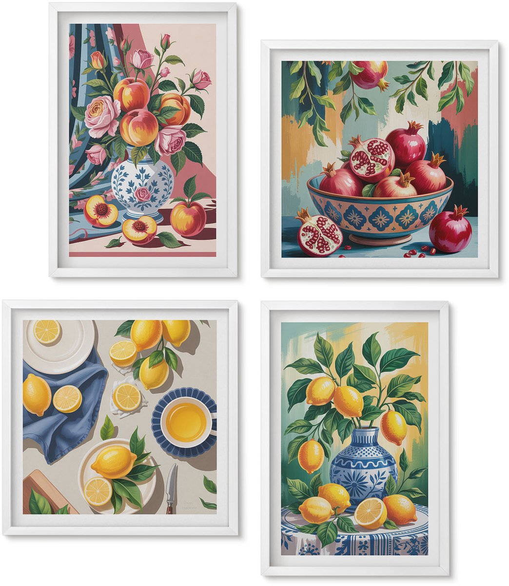 Wallfluent 4-Delige Schilderij Set - Geschilderde Bloemen En Fruit In Vazen - 40 x 40 En 40 x 60 - Muurdecoratie - Interieur Decoratie