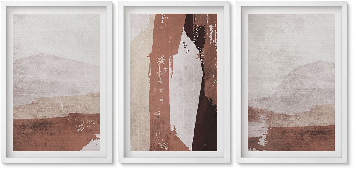 Wallfluent 3-Delige Schilderij Set - Abstracte Patronen In Bruine En Beige Tinten. - 40 x 60 - Wanddecoratie - Schilderijen Set - Kantoor