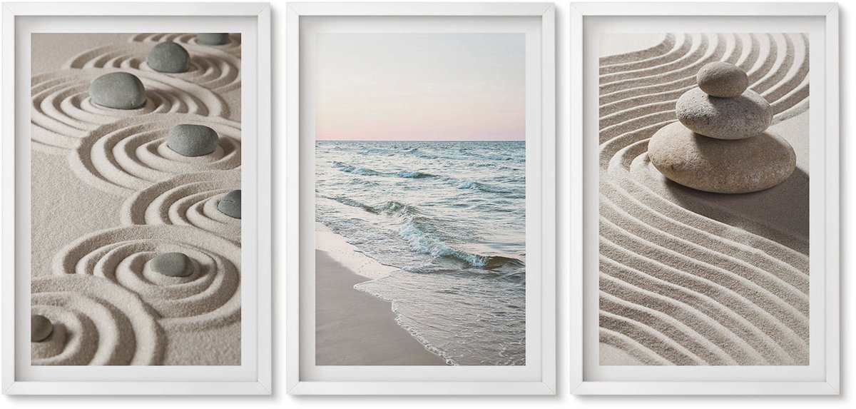 Wallfluent 3-Delige Schilderij Set - Rustig Zand En Kabbelend Water Met Kiezels Op Het Strand. - 40 x 60 - Stijlvolle Wanddecoratie - Interieur - Interieur Decoratie