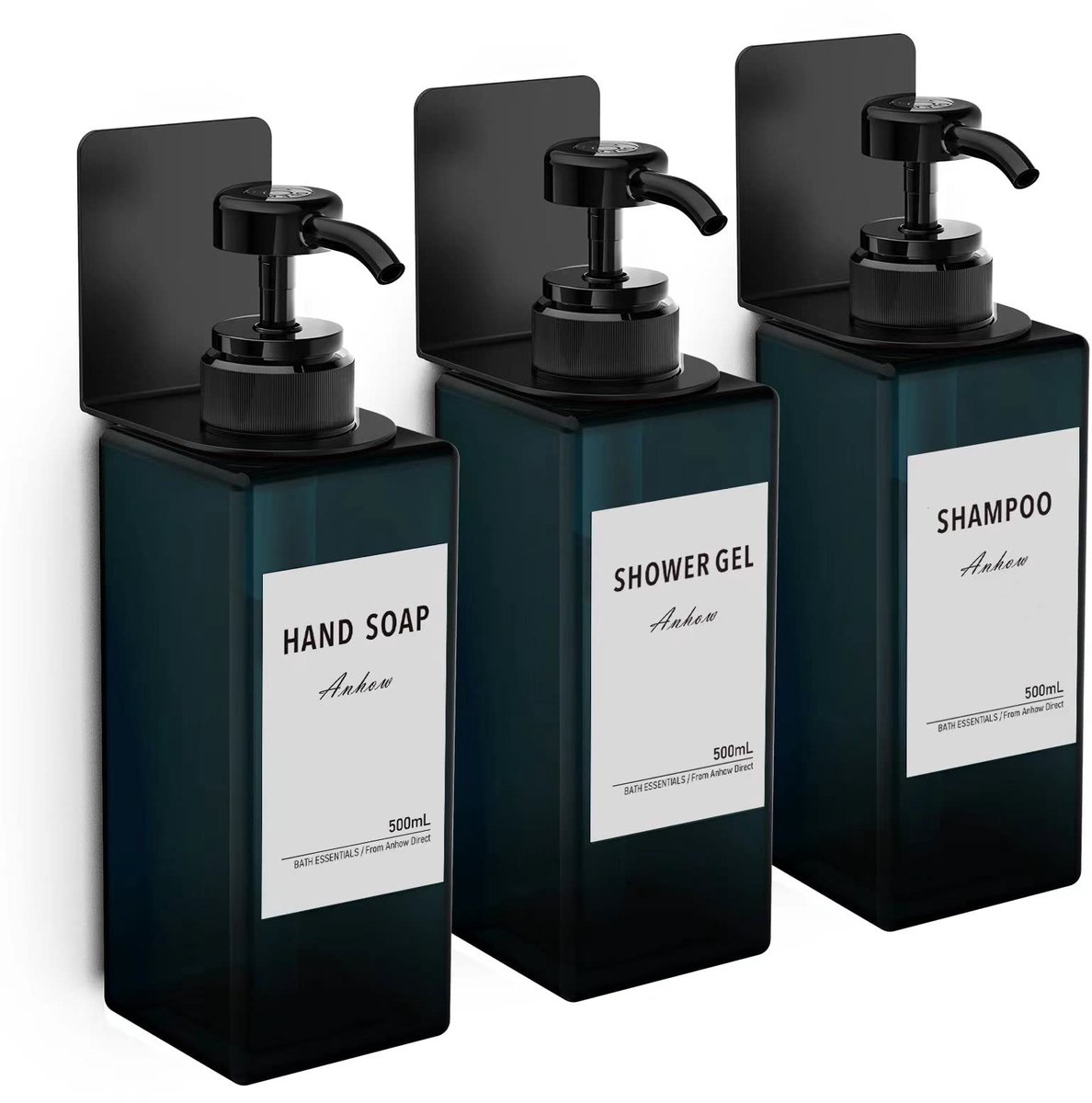 Anhow 3 Delige Wandzeepdispenser, 500 ml Zeepdispenser Zonder Boren Met 16 Labels voor Keuken/Badkamer/Douche - Blauw - ShopVlot