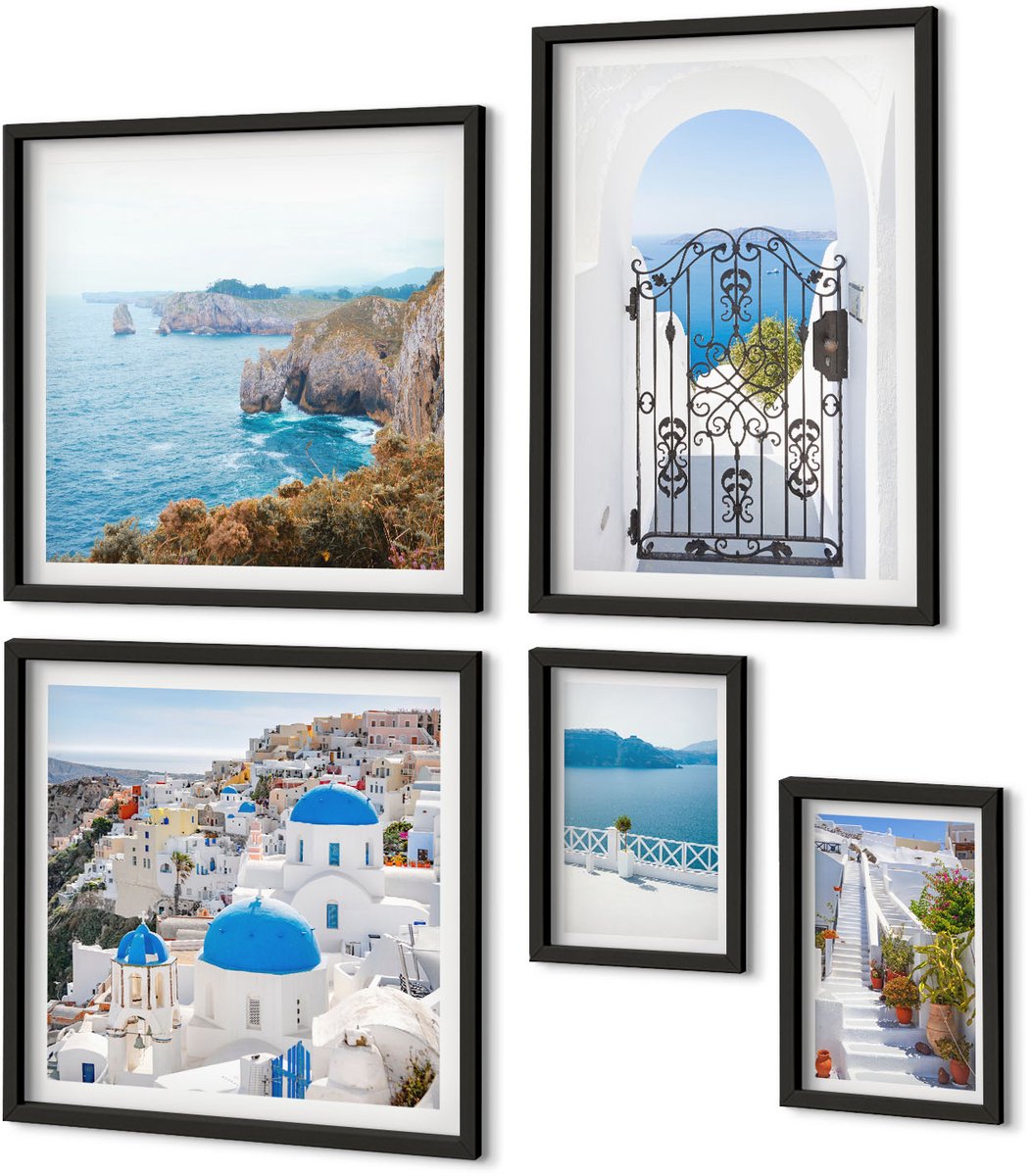 Coloray 5-Delige Schilderij Set - Uitzicht Op Santorini: De Blauwe Zee En De Witte Huizen. - 50 x 50 cm, 20 x 30 cm En 40 x 60 cm - Decoratieve Schilderijen - Wanddecoratie - Hal - Interieur Decoratie Zwarte lijst