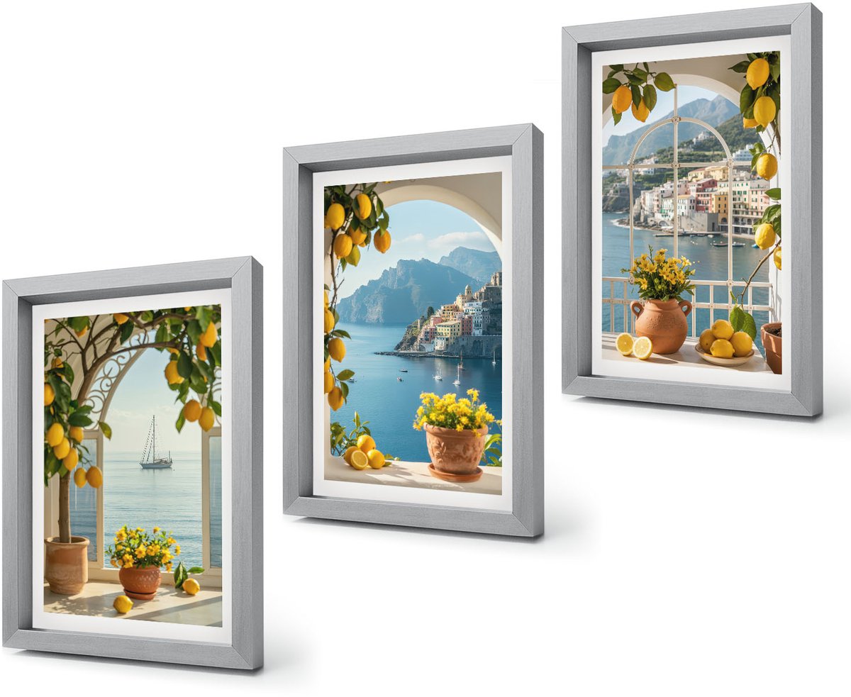 Coloray 4-Delige Schilderij Set - Citroenen en bloemen in potten in een kustplaats - 20 x 30 cm - Wanddecoratie - Schilderijen Set - Kantoor - Muurdecoratie Zilveren lijst
