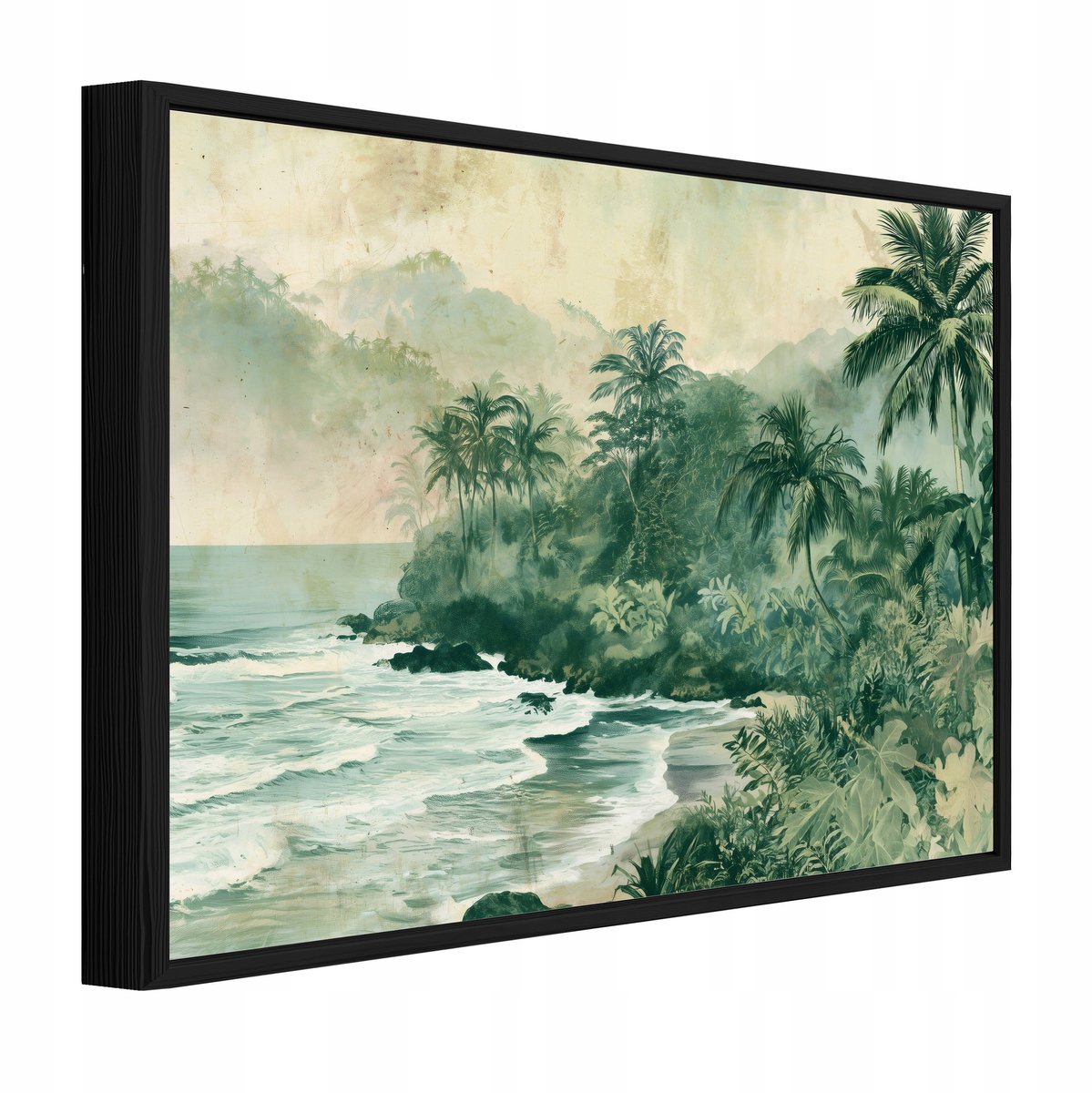 WALLARENA Schilderij op canvas met zwarte lijst - 60x40 cm - tropisch strand met palmbomen - voor slaapkamer en woonkamer Groen