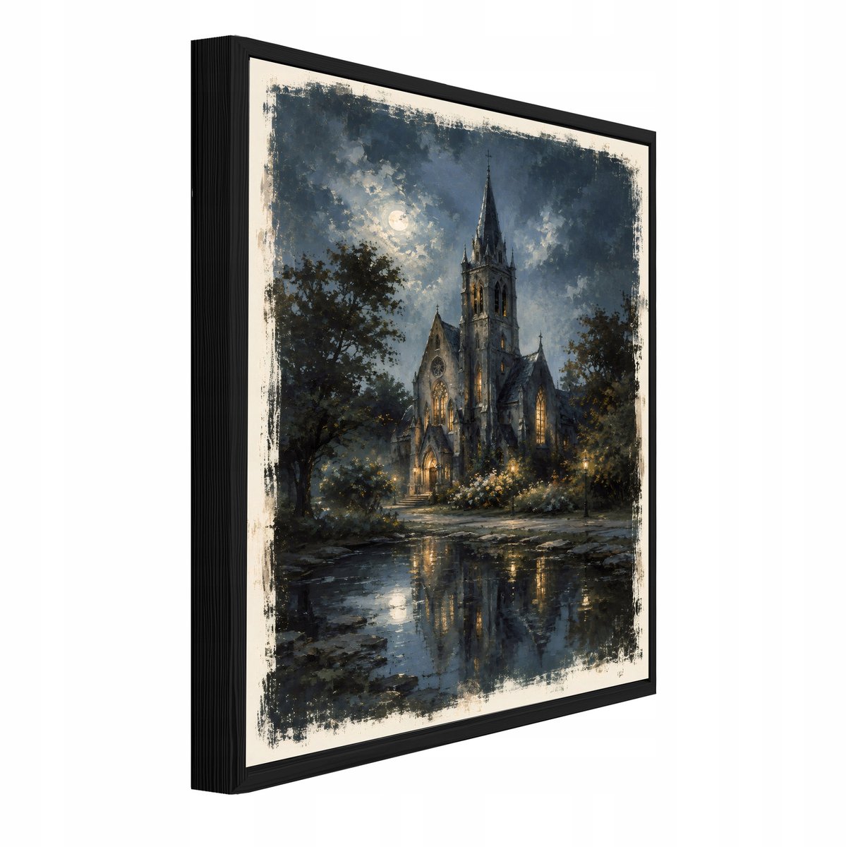 WALLARENA Schilderij op canvas met zwarte lijst - 40x30 cm - gotische kathedraal bij nacht in vintage stijl - voor slaapkamer en woonkamer Blauw