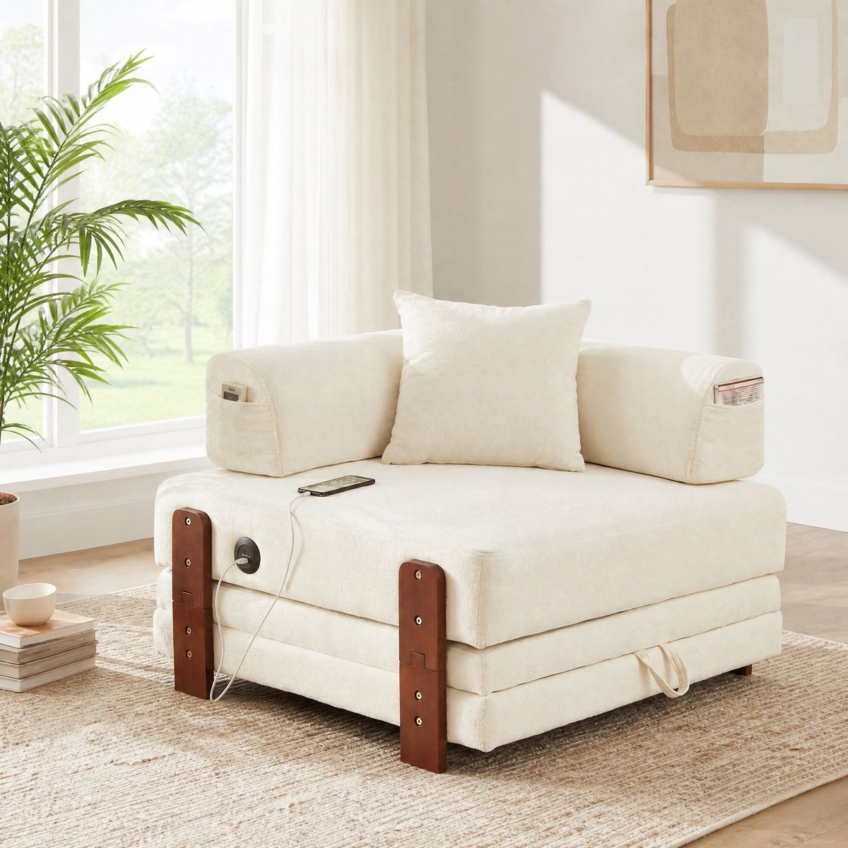 Wishdor Slaapbank 1-zits - Opklapbaar met slaapfunctie en USB/type-c - Met opbergruimte en kussen - Voor kleine ruimtes - Stof - Beige - 84 cm