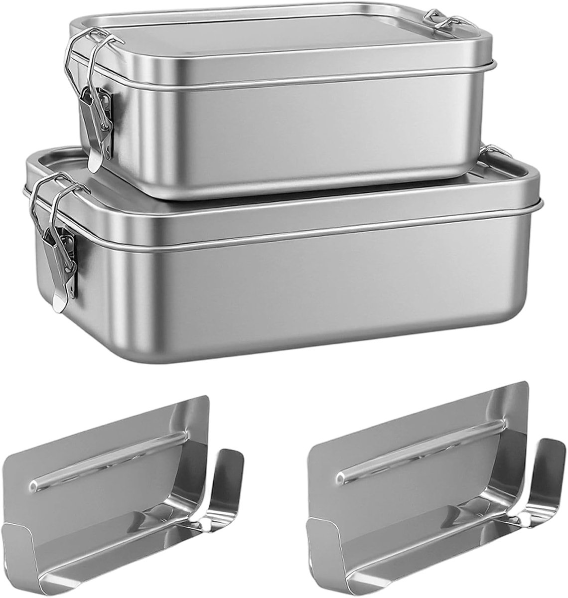 2 stuks roestvrijstalen broodtrommel met vakken, 850 ml en 1400 ml, lunchbox, metaal, lekvrij, broodtrommel met - ShopVlot