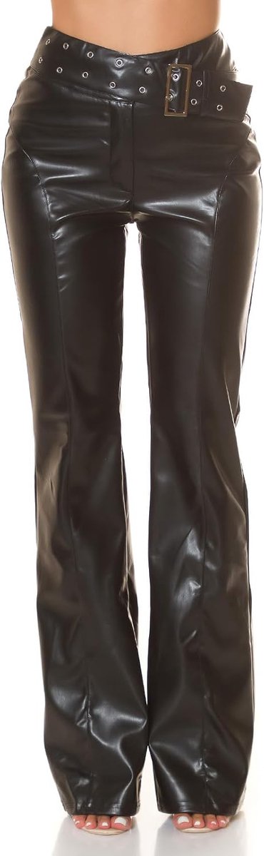 Women's Faux Leather Boot Cut Trousers with Decorative Belt and Buckle - ShopVlot