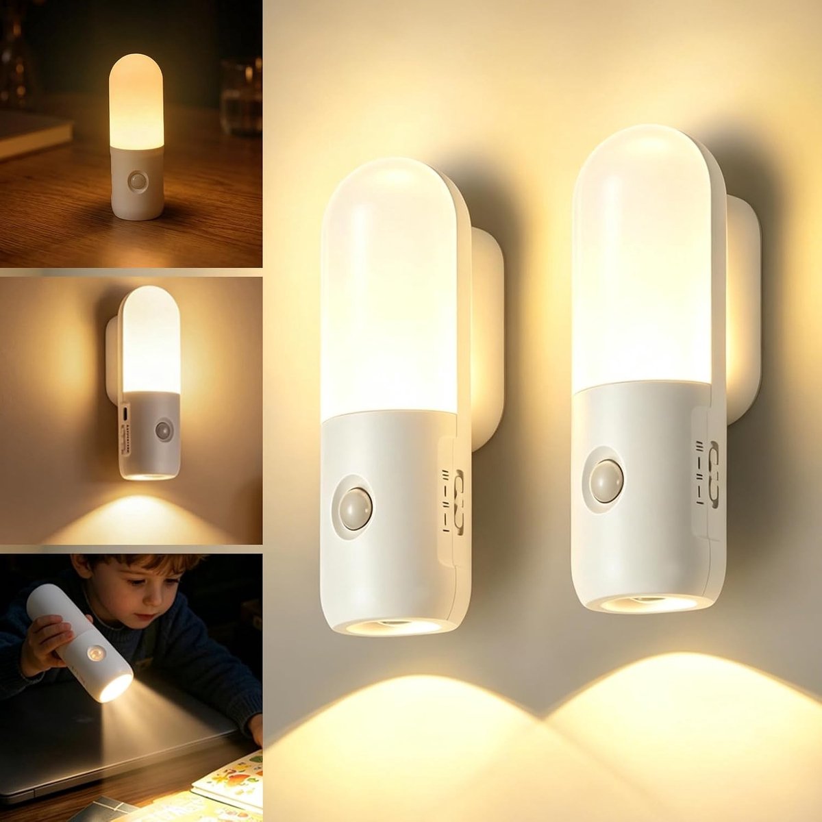 Sensor lampjes met bewegingsmelder - Wit - Oplaadbaar 2-in-1 Nachtlampje met Dimbare Warmte- en Kleurinstellingen - Voor Slaapkamer en Hal