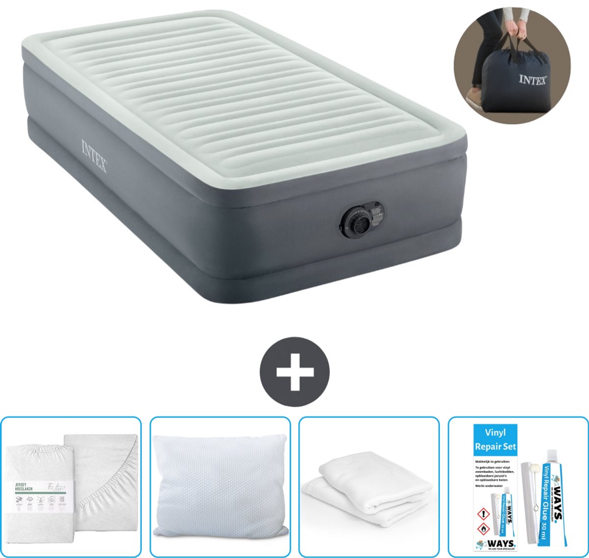 Intex Luchtbed - 1-Persoons - 99 x 191 x 46 cm - Grijs - Inclusief pomp - Accessoires CB15