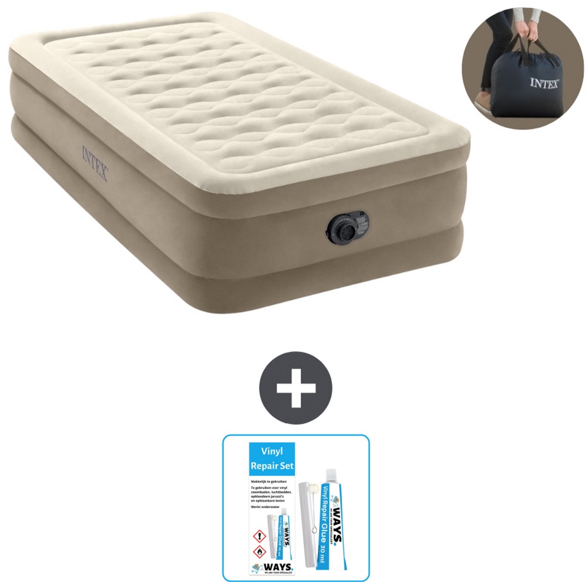 Intex Luchtbed - 1-Persoons - 99 x 191 x 46 cm - Beige - Inclusief pomp - Reparatieset