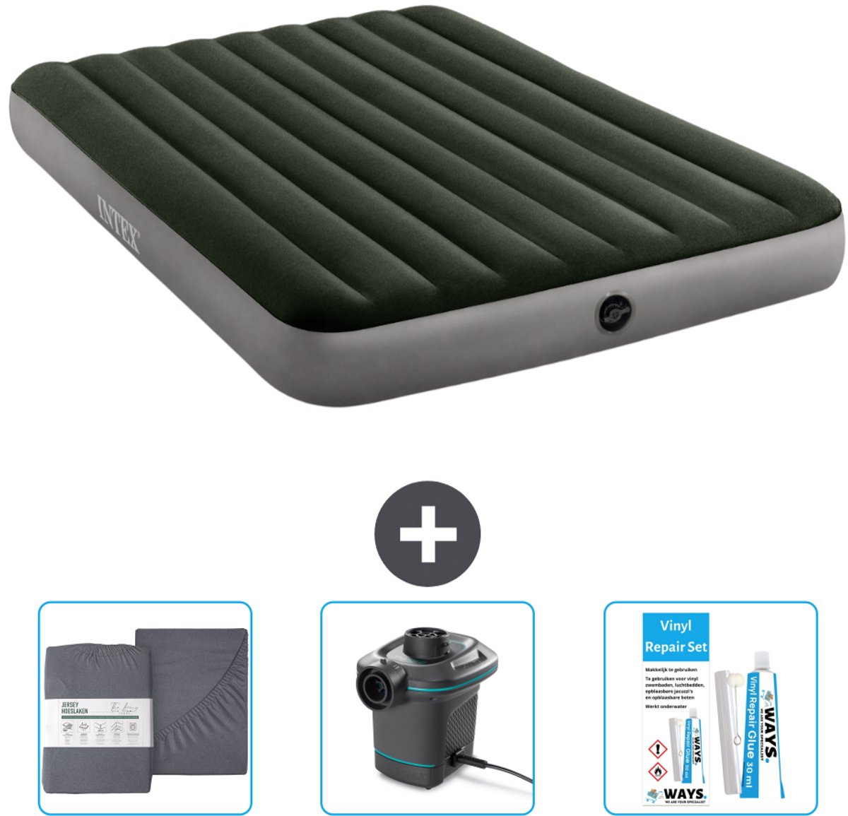 Intex Luchtbed - 2-Persoons - 152 x 203 x 25 cm - Groen - Inclusief Hoeslaken - Pomp en Reparatieset