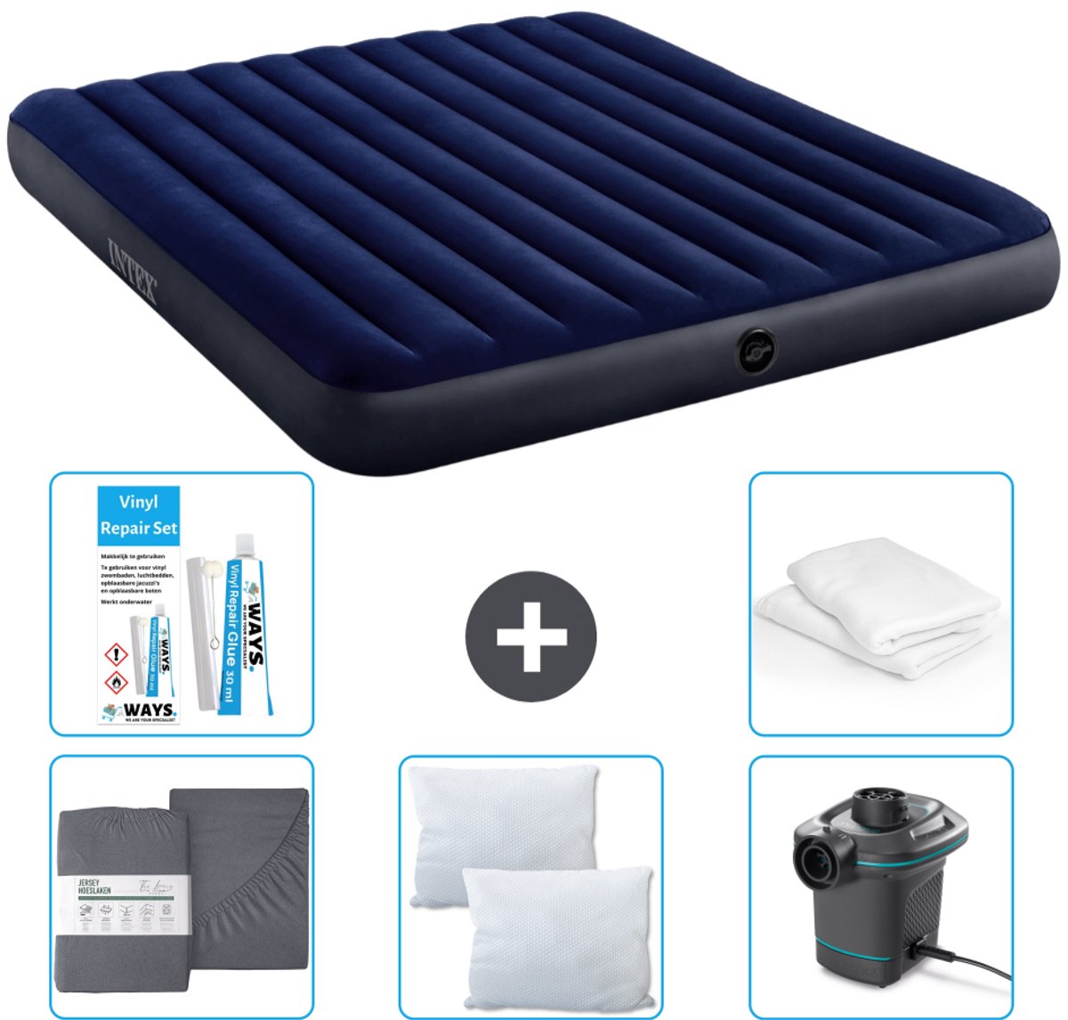 Intex Luchtbed - 2-Persoons - 183 x 203 x 25 cm - Blauw - Inclusief Hoeslaken - Kussen - Pomp - Reparatieset en Kussenbeschermer