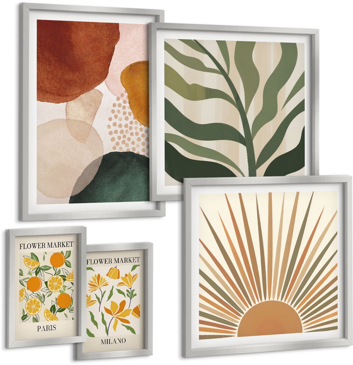 TULUP 4-Delige Schilderij Set - Stijlvolle afbeeldingen met plantaardige en geometrische motieven. - 50 x 50 cm, 20 x 30 cm en 40 x 60 cm - Wanddecoratie - Moderne Interieurdecoratie - Muurdecoratie Zilveren lijst