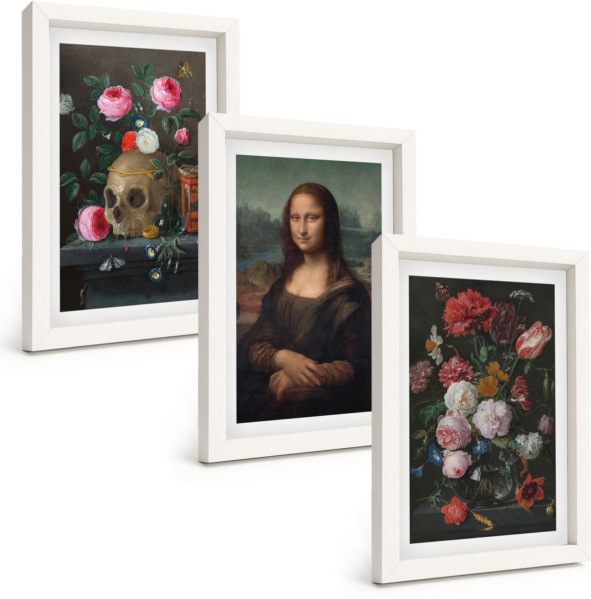 Tulup 3-Delige Schilderij Set - Vintage bloemen, schedel en Mona Lisa-portret van Leonardo Da Vinci - 20x30 - Decoratieve Muurdecoratie - Slaapkamer - Stijlvolle Muurdecoratie