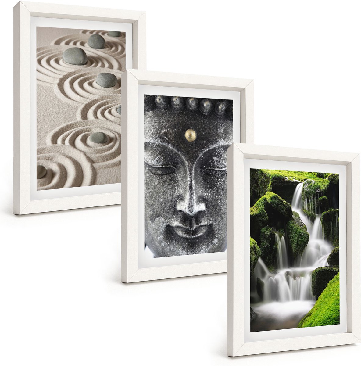 Tulup 3-Delige Schilderij Set - Rust van de natuur met stenen, een waterval en een Boeddha. - 20x30 - Stijlvolle Muurdecoratie - Kantoor
