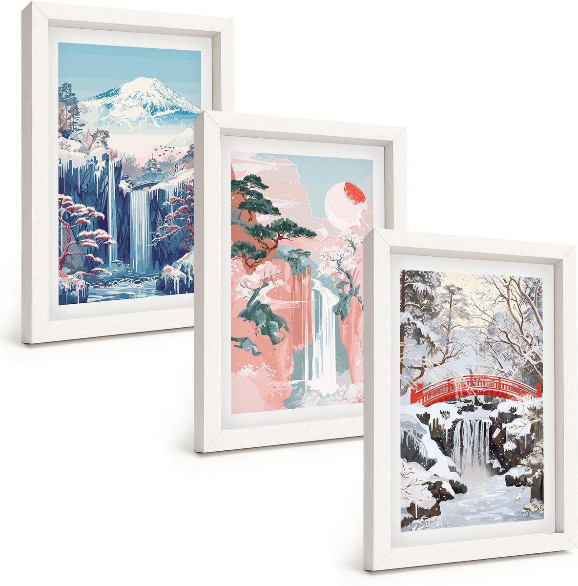 Tulup 3-Delige Schilderij Set - Berglandschappen en watervallen in verschillende seizoenen - 20x30 - Wanddecoratie - Schilderijen Set - Interieur - Woonkamer Decoratie