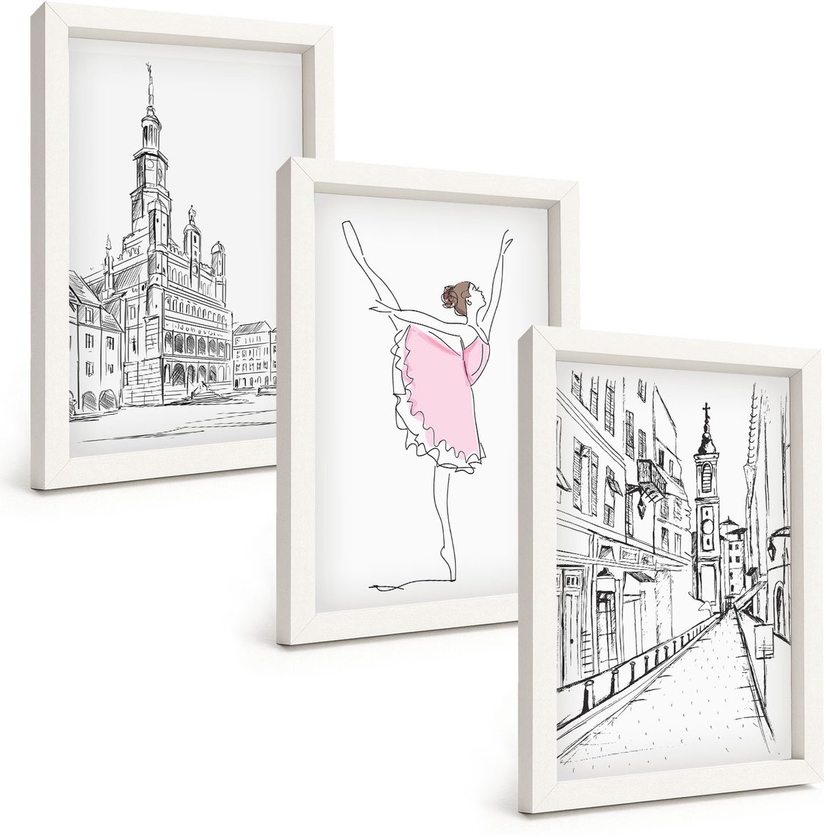 Tulup 3-Delige Schilderij Set - Stijlvolle schilderijen van een dansende ballerina en architectuur. - 20x30 - Decoratieve Schilderijen - Wanddecoratie - Hal