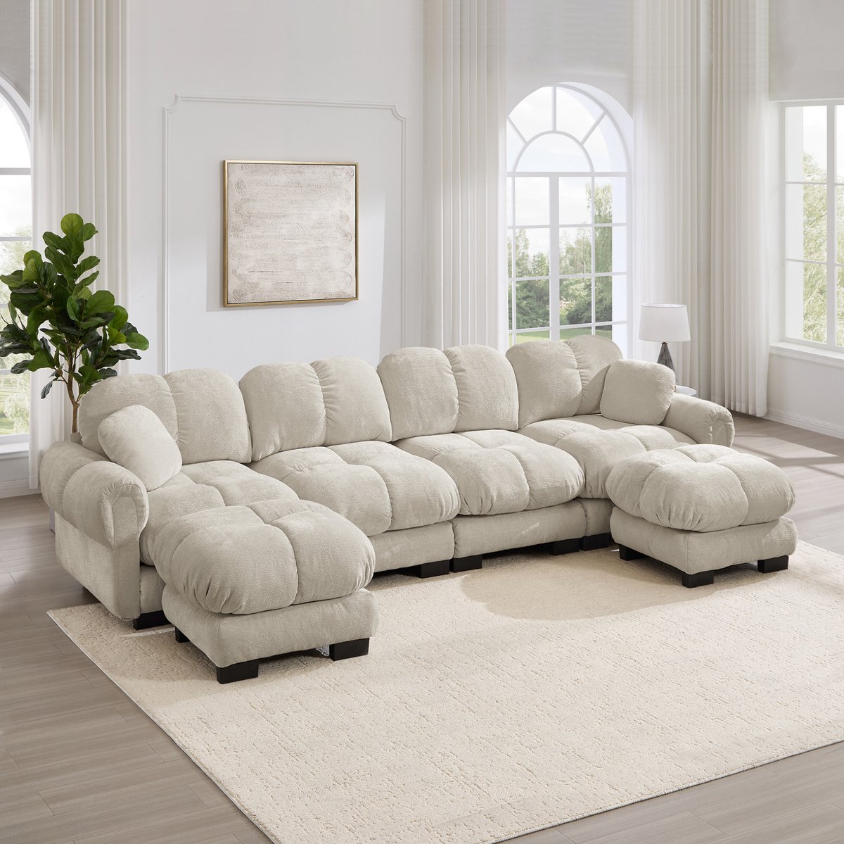 MODENUIT U-bank 330 cm - 4-Zits - Modulaire Opstelling Met 2 Mobiele Ottomanes - Woonkamer - Chenille - Licht Khaki