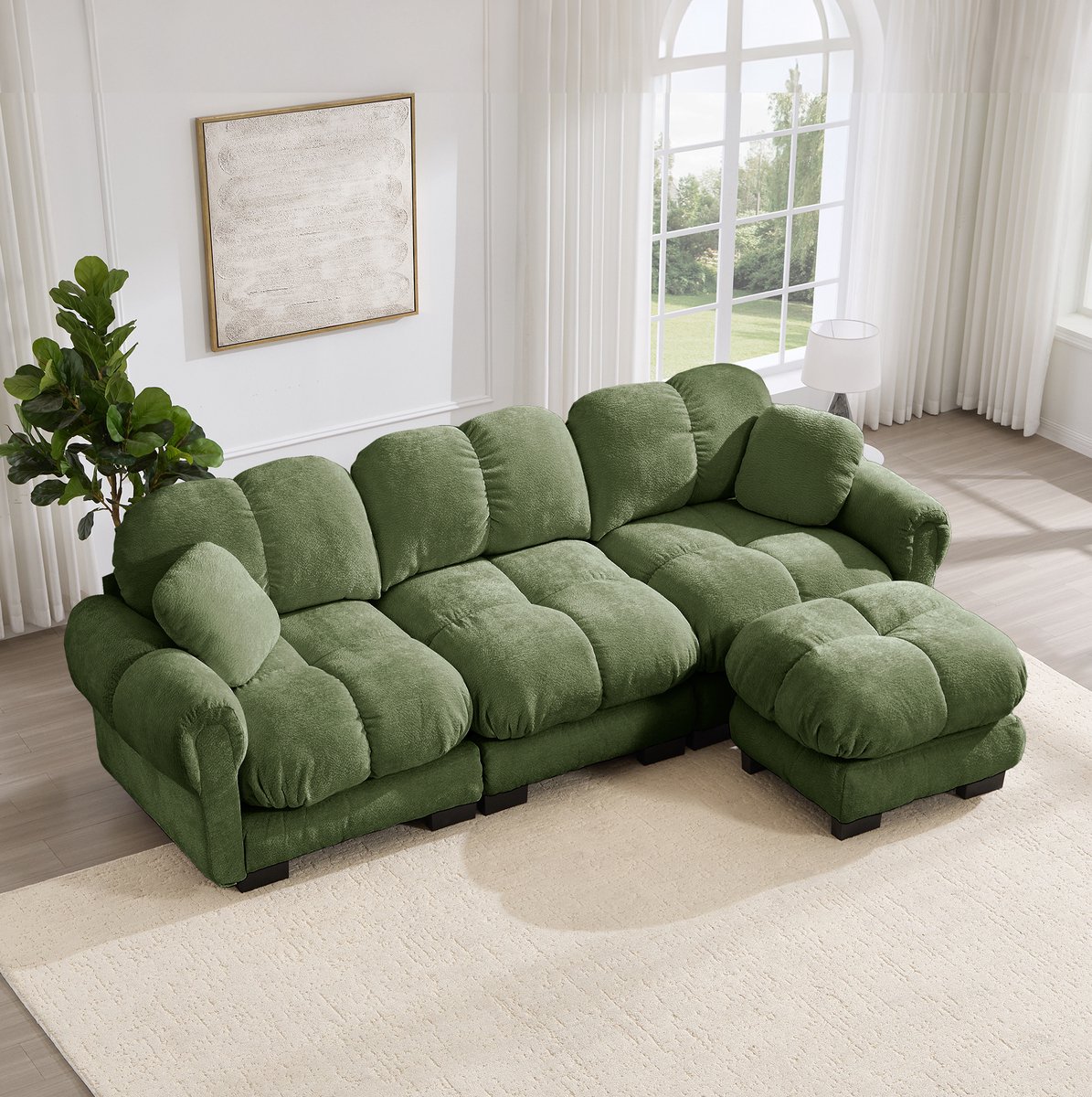 MODENUIT Hoekbank 260 x 149 x 90 cm - L-vormig met mobiele ottomane en 2 sierkussens - Chenille - Groen
