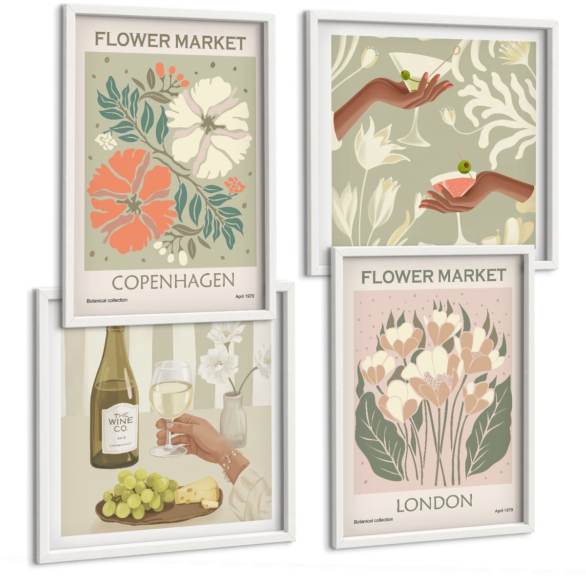 Tulup 4-Delige Schilderij Set - Bloemenposters Wijn Kopenhagen Londen - 40x40 en 40x60 - Moderne Wanddecoratie - Woonkamer - Interieur Decoratie