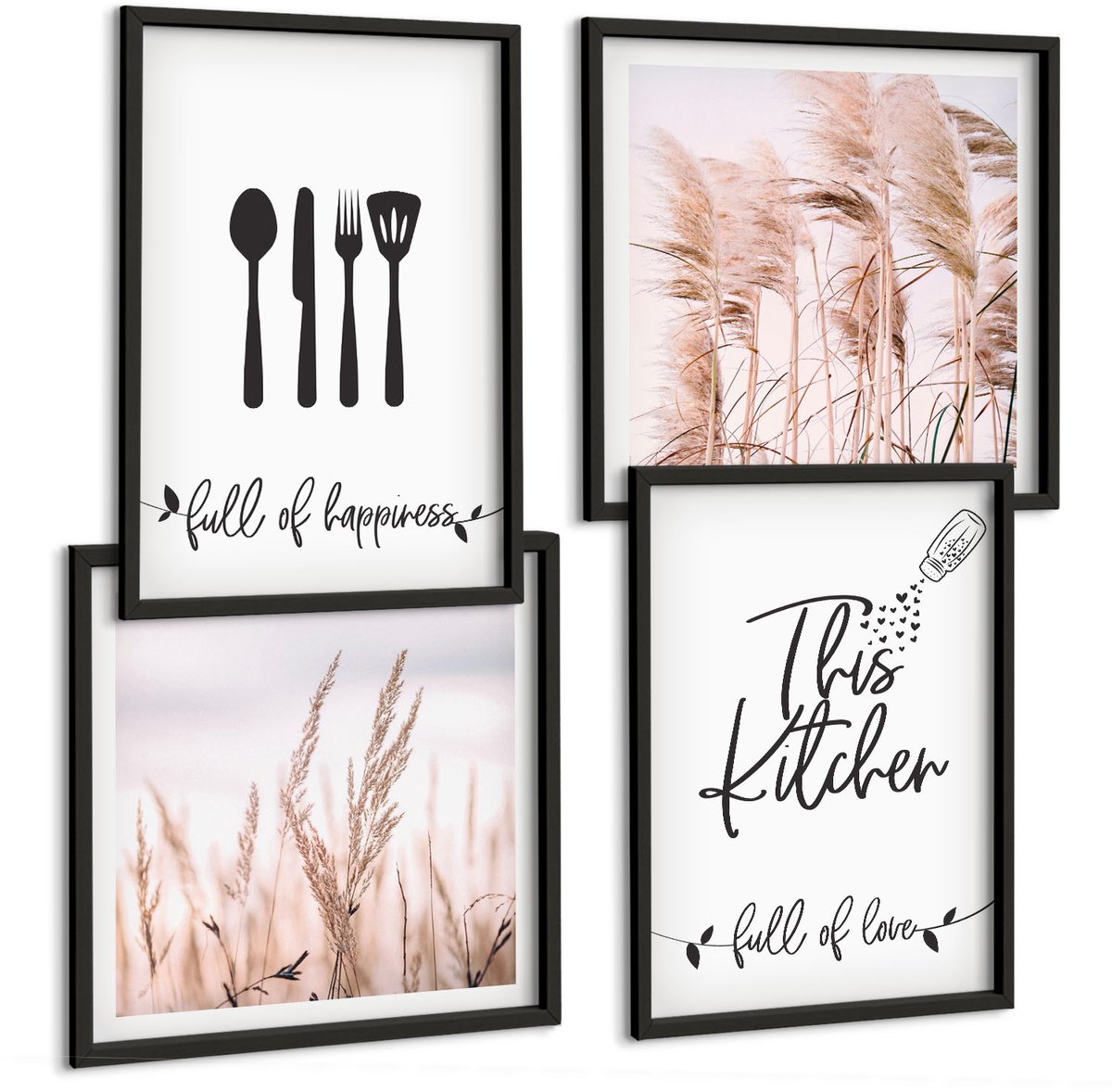 Tulup 4-Delige Schilderij Set - Keukenbelettering Delicate Boho Grassen - 40 x 40 cm en 40 x 60 cm - Muurdecoratie - Interieur Decoratie - Stijlvolle Muurdecoratie
