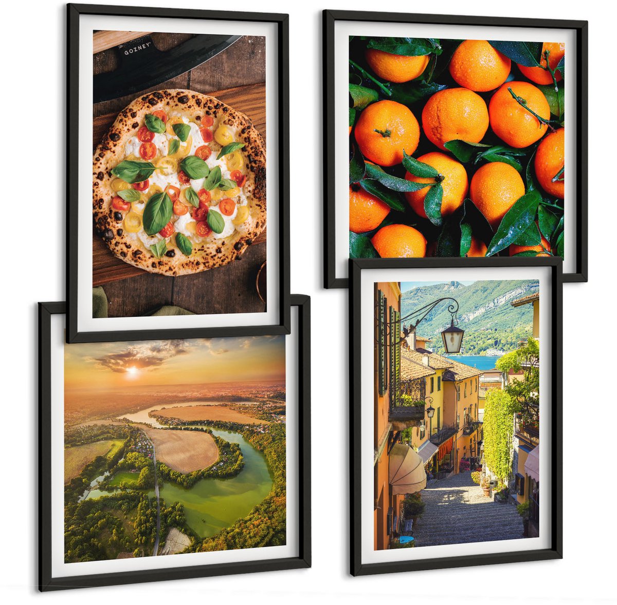 Tulup 4-Delige Schilderij Set - Italiaanse landschappen met een rivier, heuvels en een stadsstraat - 40 x 40 cm en 40 x 60 cm - Wanddecoratie - Woonkamer Decoratie - Interieur Decoratie