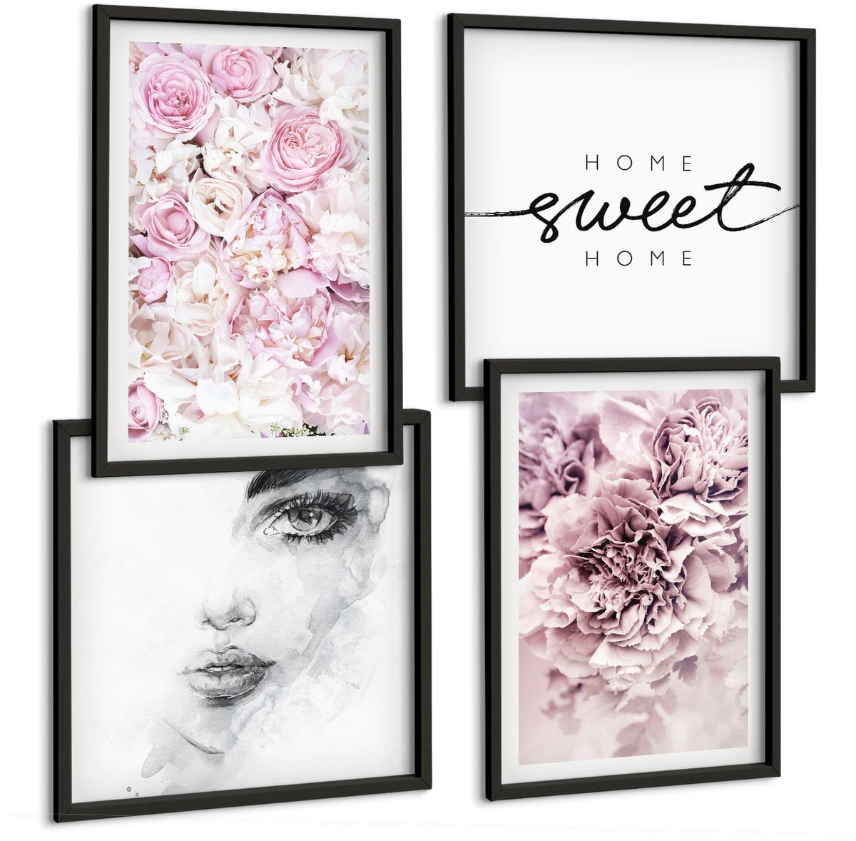 Tulup 4-Delige Schilderij Set - Delicate pioenrozen Portret van een vrouw Thuis is waar het hart is - 40 x 40 cm en 40 x 60 cm - Moderne Wanddecoratie - Woonkamer - Stijlvolle Muurdecoratie