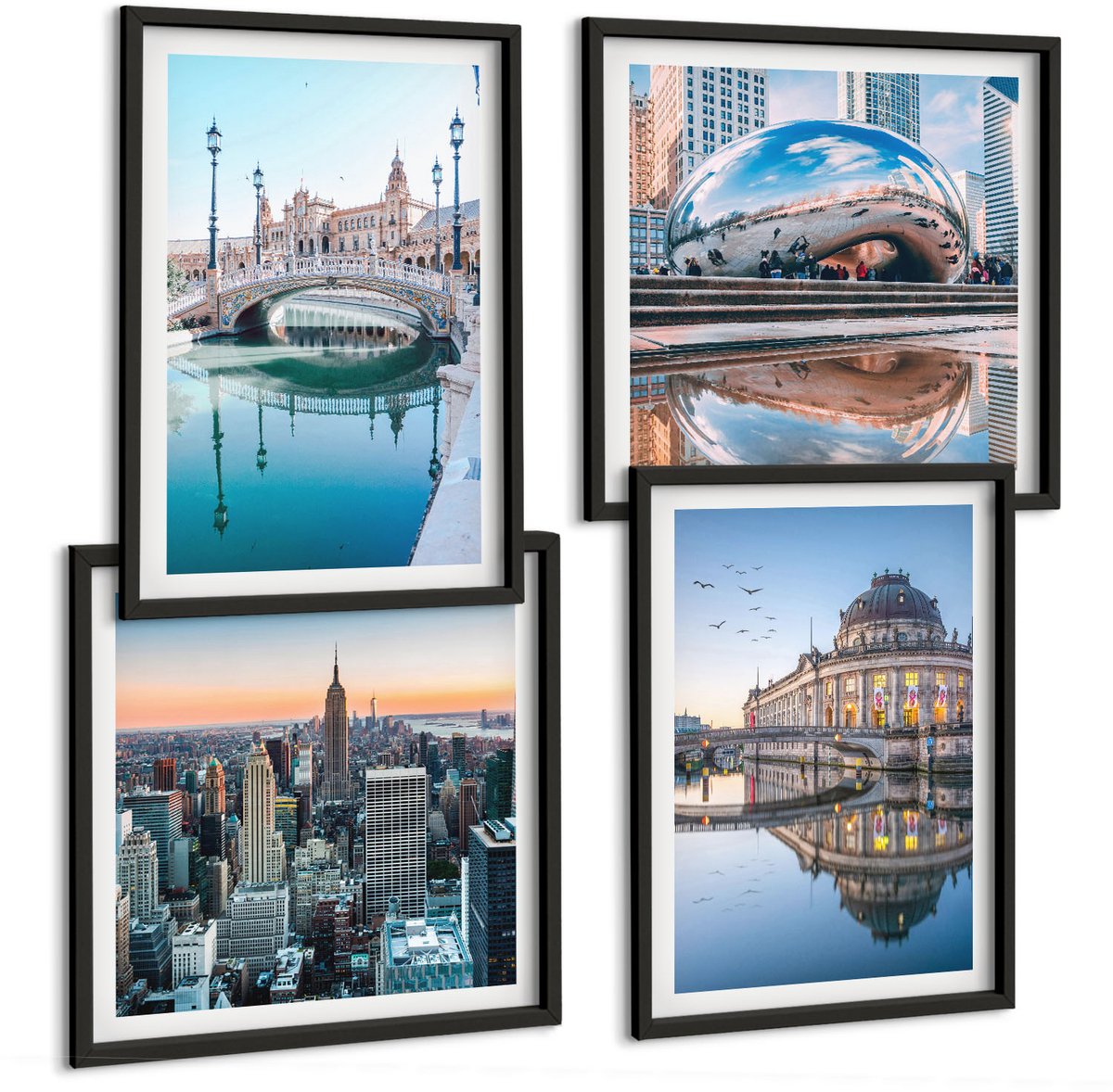Tulup 4-Delige Schilderij Set - Stadsarchitectuur met weerspiegeling in het water - 40 x 40 cm en 40 x 60 cm - Decoratieve Muurdecoratie - Slaapkamer - Woonkamer Decoratie