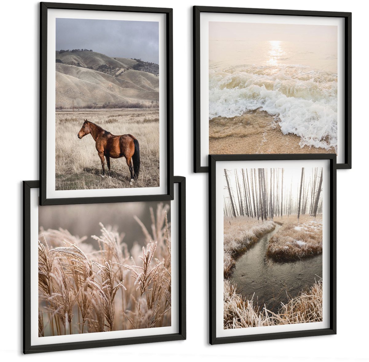 Tulup 4-Delige Schilderij Set - Paardenlandschap van zeegrasbos en beek - 40 x 40 cm en 40 x 60 cm - Muurdecoratie - Schilderijen Set - Woonkamer - Interieur Decoratie