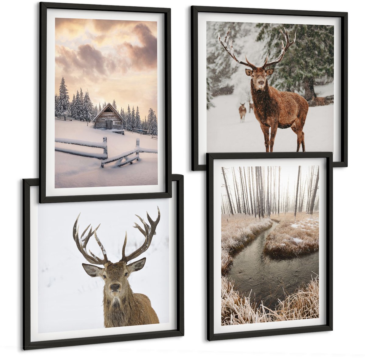 Tulup 4-Delige Schilderij Set - Winterlandschap met hertenhut en beekje - 40 x 40 cm en 40 x 60 cm - Wanddecoratie - Woonkamer Decoratie - Decoratieve Schilderijen