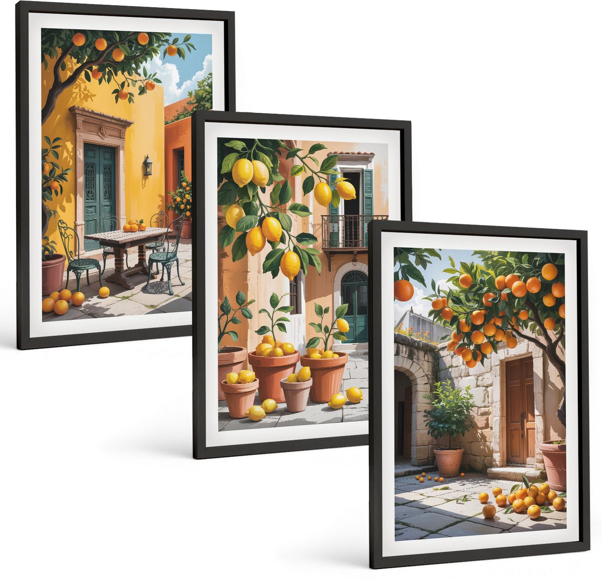 Tulup 4-Delige Schilderij Set - Citrusvruchten in een zonnige tuinscène - 40 x 60 cm - Schilderijen Set - Wanddecoratie - Woonkamer - Muurdecoratie
