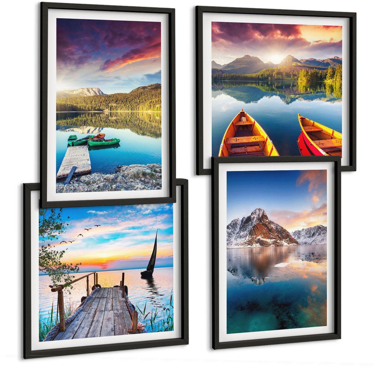 Tulup 4-Delige Schilderij Set - Rustige meren met berglandschap en boot - 40 x 40 cm en 40 x 60 cm - Decoratieve Schilderijen - Wanddecoratie - Hal - Moderne Wanddecoratie
